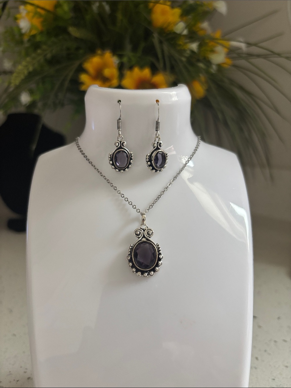Amethyst Gemstone Pendant Necklace & Earrings Set